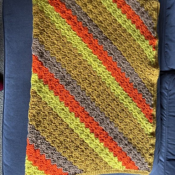 Vintage‎ Crochet Afghan Blanket Orange Gold Brown Cottagecore Retro Handmade - Picture 4 of 5